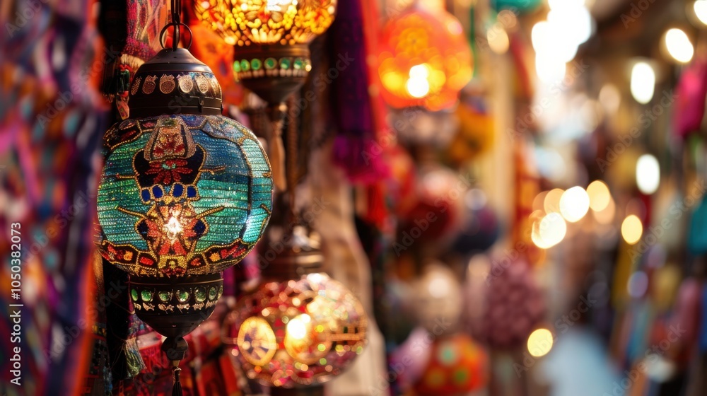 Poster A lively view of the Grand Bazaar in Istanbul with colorful textiles and intricate lanterns hanging from the ceiling, bustling setting with rich textures and hues, Market style