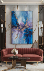 Abstract Art Decorates a Luxurious Living Room with a Red Velvet Sofa and Gold Accents 