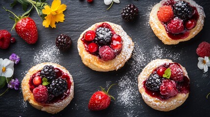 Paczki with mixed berry filling, placed on a dark slate surface, surrounded by a mix of berries, powdered sugar, and a floral accent