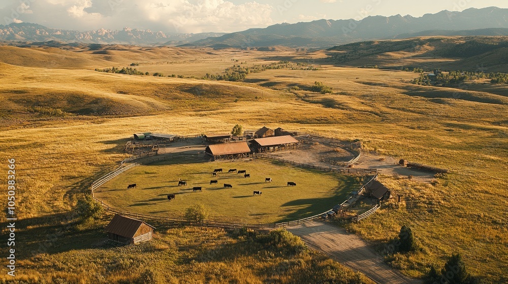 Poster a regenerative ranch with rotating pastures, cows grazing in one section while the others rest and r