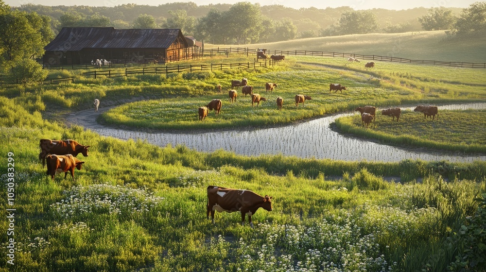 Poster a regenerative ranch with rotating pastures, cows grazing in one section while the others rest and r