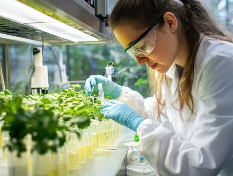 A researcher studying bio-based materials that decompose naturally, creating solutions for plastic waste in a biotech lab.