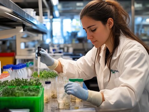 A researcher studying bio-based materials that decompose naturally, creating solutions for plastic waste in a biotech lab.