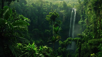 Fototapeta premium A lush green rainforest with dense foliage and a cascading waterfall, tropical setting with vibrant nature, Nature style