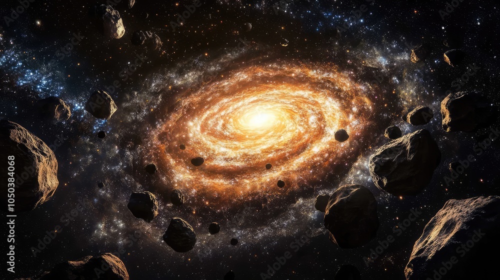 Poster a spiral galaxy with vibrant colors, surrounded by drifting asteroids reflecting the light from dist