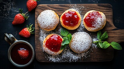 Paczki with strawberry jam filling, placed on a dark wooden board, garnished with fresh strawberries, powdered sugar, and a sprig of mint