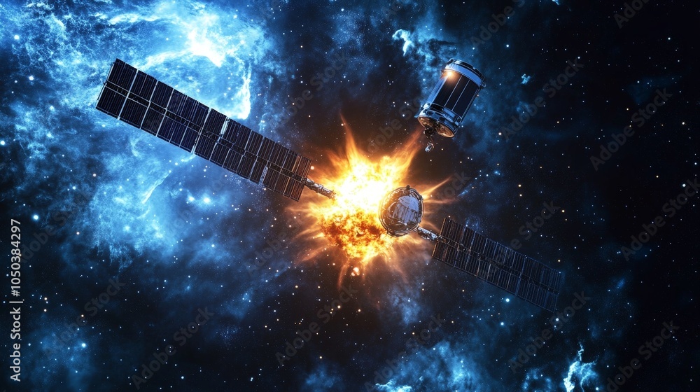 Poster a satellite capturing images of a distant supernova, sending data back to earth for further analysis