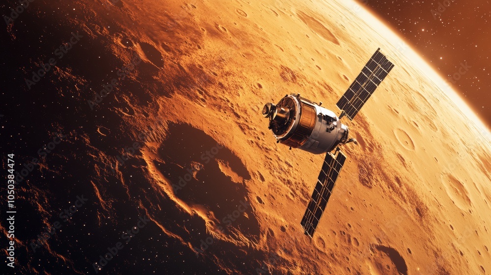 Poster a satellite orbiting mars, transmitting data back to earth about the planet atmosphere and surface f