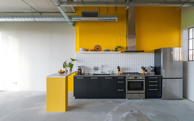 Modern yellow kitchen interior design with black cabinets and stainless steel appliances   