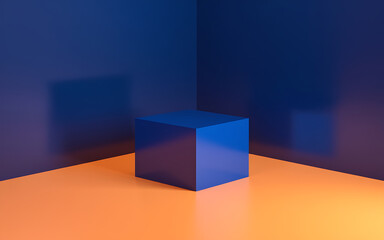 Obraz premium Blue cube on orange surface minimal geometric background modern design clean and simple 