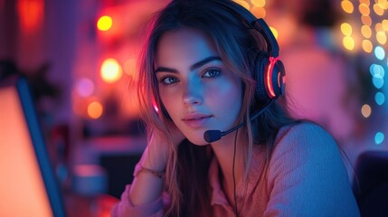 Young woman in headphones, looking at the camera while gaming at home.