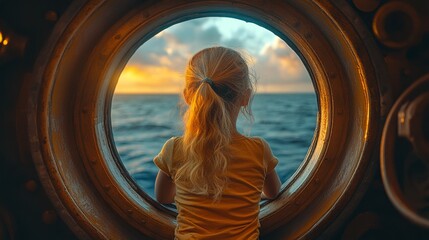 Siblings looking at the sea while standing through the porthole on a cruise ship