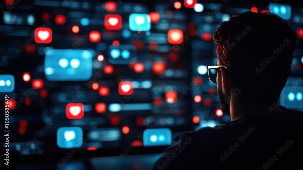 Poster A person wearing glasses looks intently at a computer screen filled with colorful data visualizations and social media icons.
