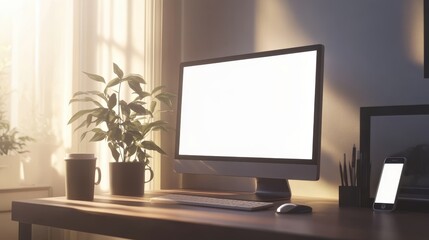 A sleek monitor rests on a simple desk alongside coffee and a smartphone, perfect for productivity