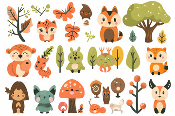 Fototapeta premium A collection of cute cartoon woodland animals and nature elements, including a fox, squirrel, owl, deer, mushroom, and trees.