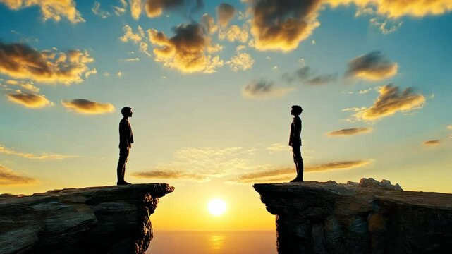 Two silhouettes stand on opposite cliffs at sunset, gazing across the gap