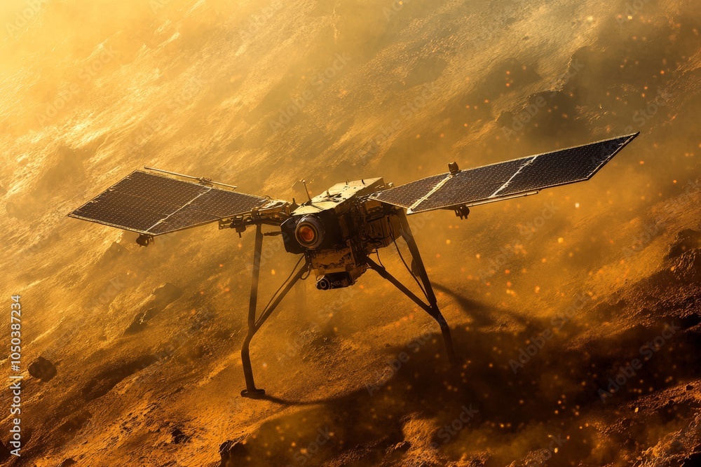 Poster a solar-powered drone exploring the surface of an alien planet, sending back data about its unique g