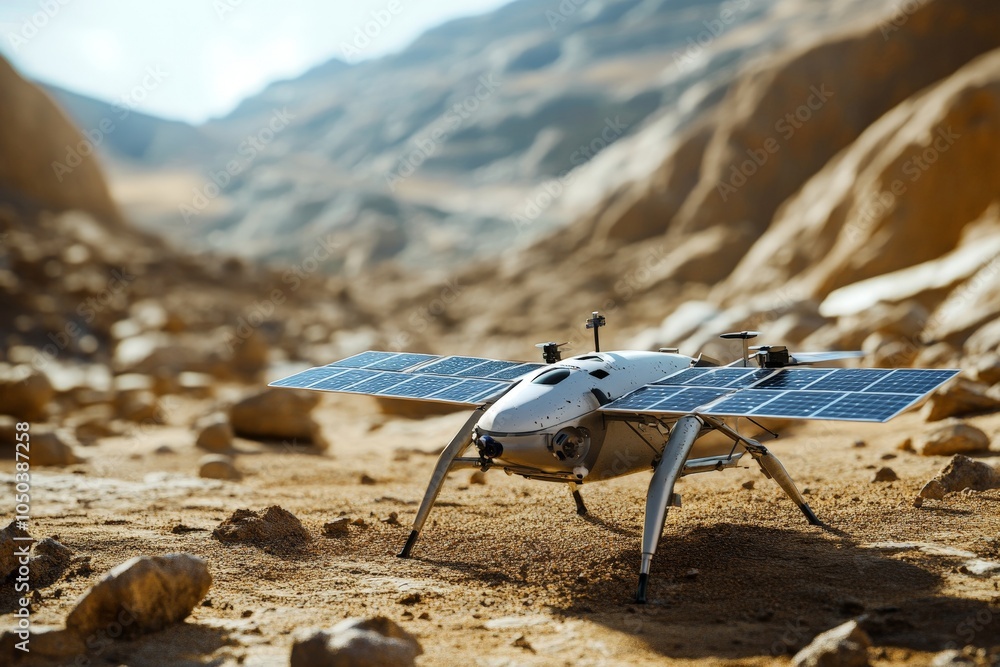Poster a solar-powered drone exploring the surface of an alien planet, sending back data about its unique g