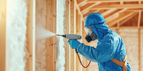 worker in protective gear applying spray foam insulation on wall