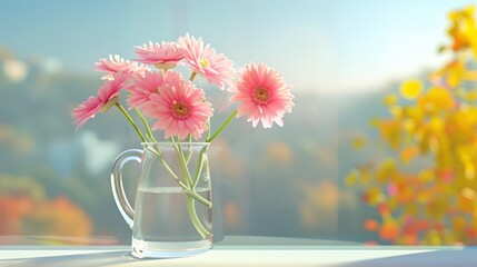 Fototapeta premium Bouquet of Pink Daisies and Wildflowers on Windowsill with Glass Mug