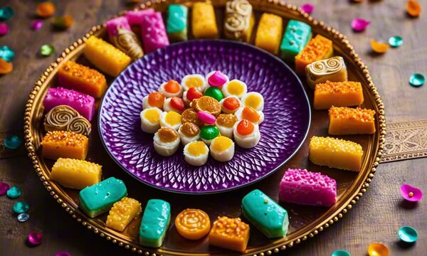 Diwali sweets on a table. Colorful mithai in rows. Vibrant decorations around