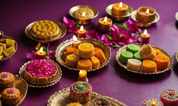 Diwali sweets on a table. Colorful mithai in rows. Vibrant decorations around