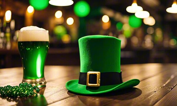 St. Patrick&rsquo;s Day at a pub with green festive beer and leprechaun top hat with golden buckle