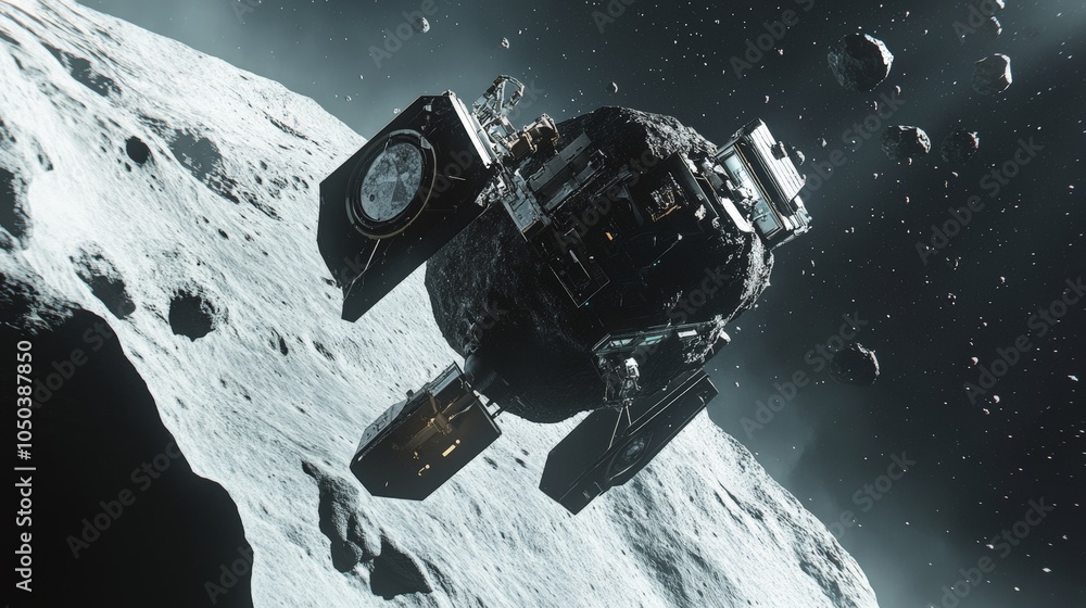 Aufkleber a space probe approaching an asteroid, with its robotic arms extending to collect samples from the r