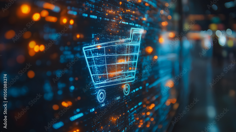 Poster a computer screen shows a shopping cart with a bright orange background. the cart is the main focus 