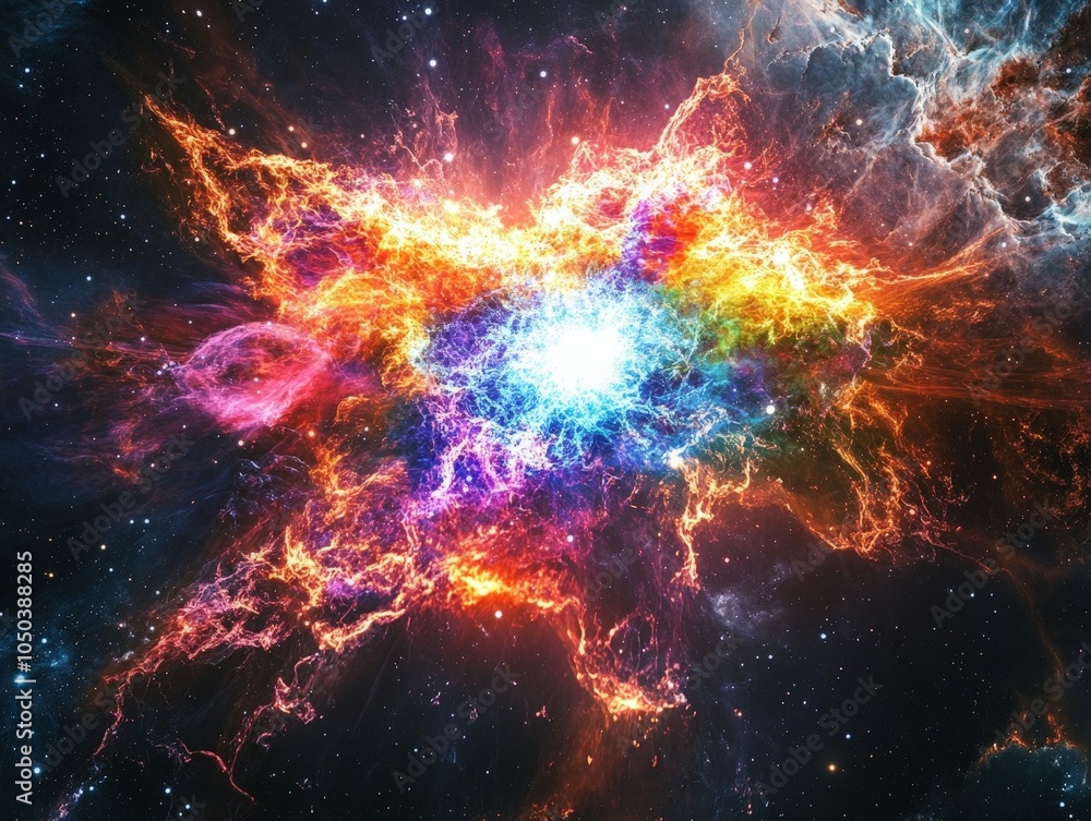 Poster a space telescope capturing a supernova explosion, with colorful gases and particles expanding into 