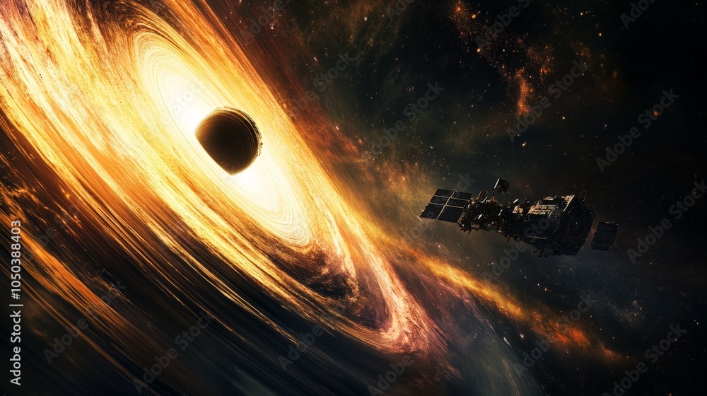 Poster a spacecraft hovering above a black hole, capturing images of the event horizon as it studies this c