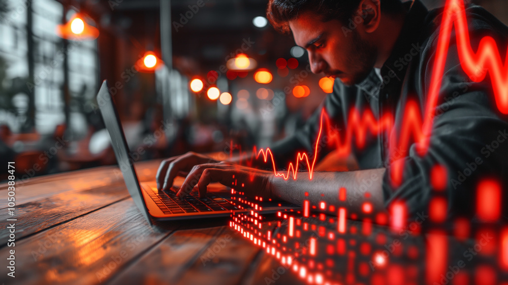 Poster a man is typing on a laptop in front of a table with red lines and curves. concept of urgency and fo