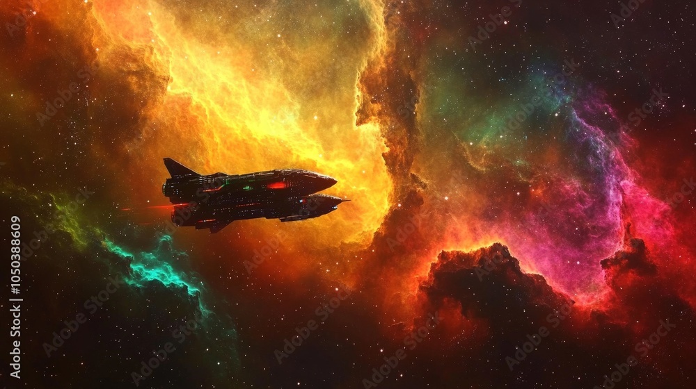 Poster a spaceship flying through a colorful nebula, with glowing gases and stars creating a stunning backd
