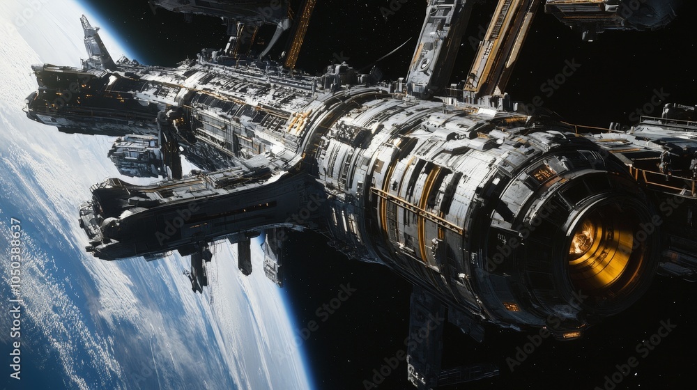 Poster a spaceship docking with a massive space station orbiting a distant planet, with passengers preparin