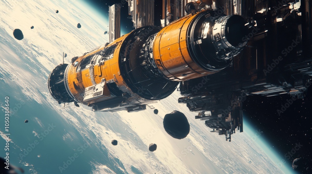 Poster a spaceship docking with a massive space station orbiting a distant planet, with passengers preparin
