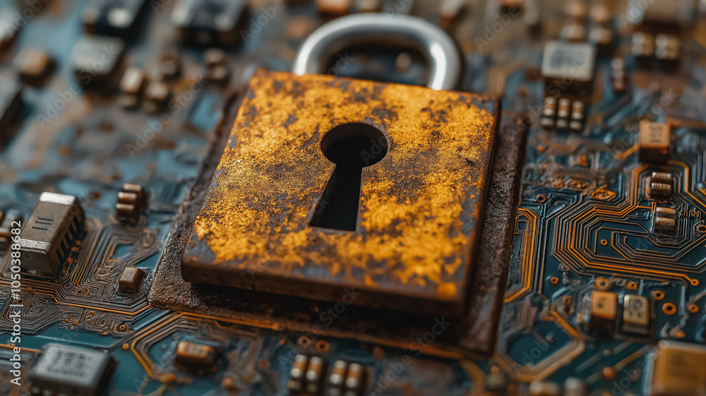 Poster a rusty lock is on a circuit board. the lock is open and the circuit board is covered in wires
