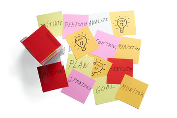 Brainstorming session with sticky notes on strategy and mission, highlighting key actions and ideas