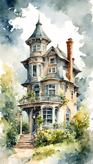 Naklejka premium A charming watercolor painting of a cozy house surrounded by colorful flowers. The background is a dreamy, cloudy sky, creating a serene atmosphere.