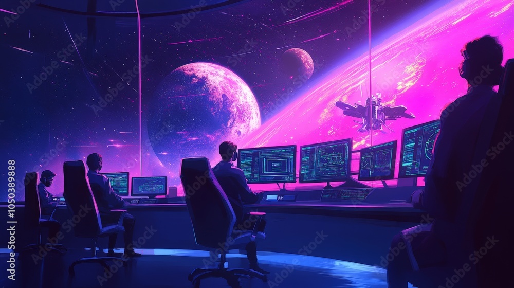 Poster a team of scientists in a mission control room monitoring data from a distant space probe as it appr