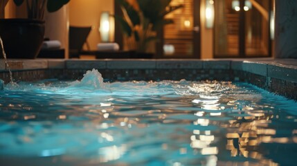 A luxurious spa retreat with serene indoor pools, natural stone decor, and calming lighting