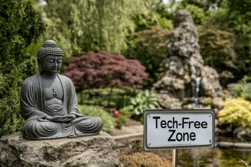A "Tech-Free Zone" sign outside a peaceful garden where visitors are encouraged to meditate and relax without their devices.