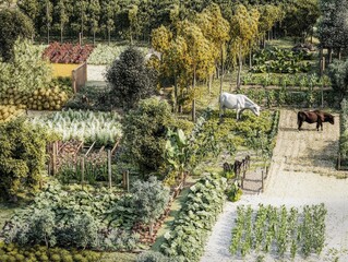 A thriving food forest with multi-layered crops and livestock coexisting, demonstrating regenerative agricultural success.