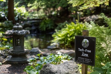 A "Tech-Free Zone" sign outside a peaceful garden where visitors are encouraged to meditate and relax without their devices.