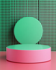 Abstract geometric shapes in contrasting pastel colors, featuring a green circle and pink base, set against a patterned background.