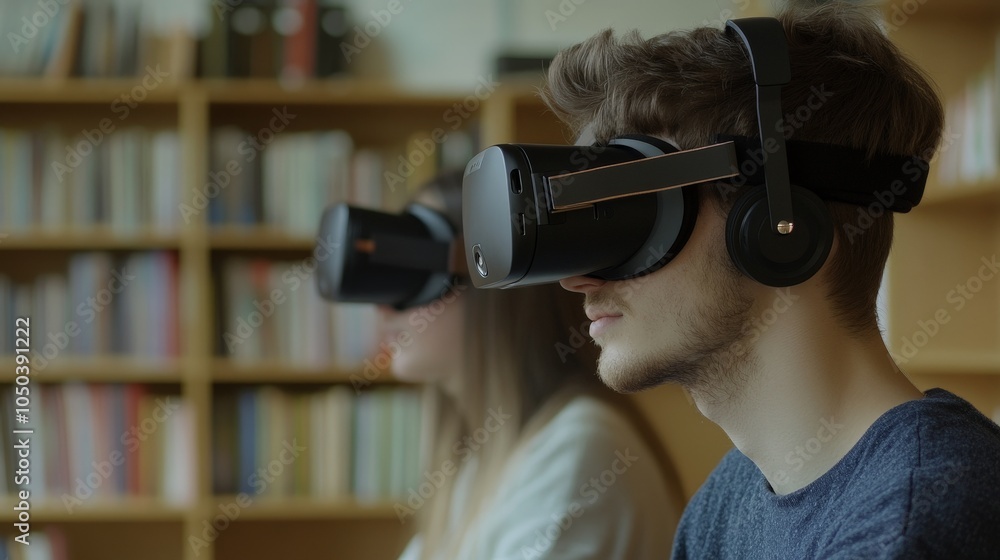 Poster a virtual reality headset powered by ai, creating an immersive learning environment for students stu
