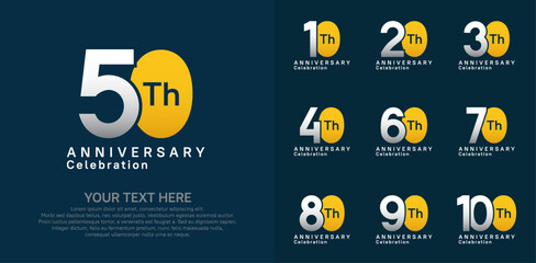 Anniversary logo set vector design, silver and yellow color for celebration event