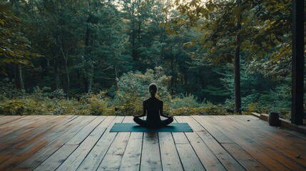 Fototapeta premium A yoga mat laid out on a wooden deck in the forest, with a person meditating, free from technology and digital distractions.