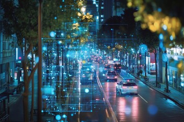 An AI system analyzing real-time security footage, detecting unusual activity and alerting authorities in a smart city environment.