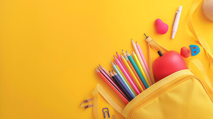 back to school supplies on yellow Background