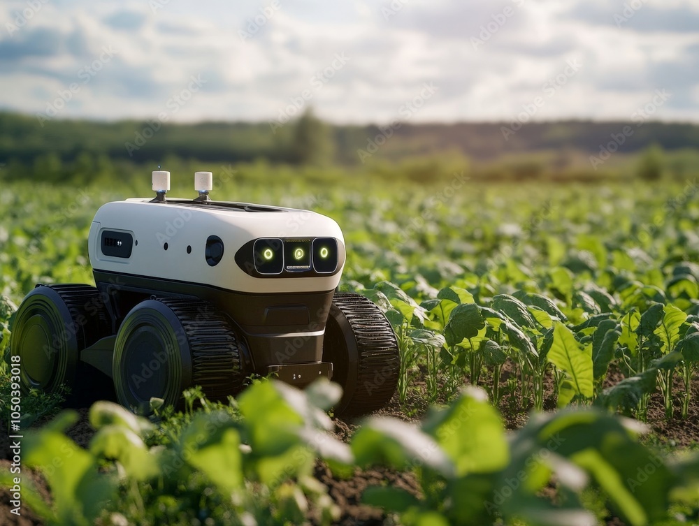 Poster an ai-powered agricultural robot analyzing crops and providing real-time data on soil conditions, gr